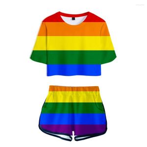 Women's T Shirts Rainbow Design LGBT Lovely 3D Print Short Sleeve Cool Sexy Shorts T-shirts Dew Navel Pretty Girl Suits Two Piece Set