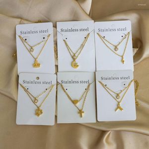 Necklace Earrings Set Stainless Steel Jewelry Women Music Note Pendant Zircon Double Layer Chain Gold Silver Color Wholesale