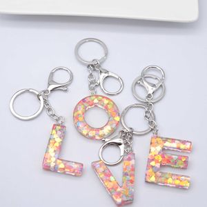 Keychains Lovely Love Sequin Gum Pendant 26 English Letter Women's Bag Simple Present Point Accessories Luxury Keychain Fashion G230525