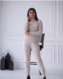 Pantaloni a due pezzi da donna autunno inverno lavorato a maglia abiti a due pezzi femminili set mezza cerniera dolcevita maglione alla moda pantaloni con coulisse donna