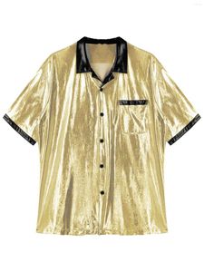 Mäns casual skjortor herrar metallisk glänsande kort ärmskjorta nattklubb fest mode notched krage knapp ner