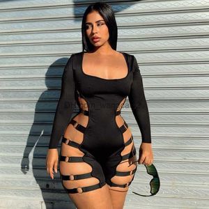 Women's Jumpsuits Rompers Spring 2023 New Long Sleeve U-Neck Sexy Hollow Out Nightclub Tight Elastic Rubber Band Jumpsuit for Women T230525