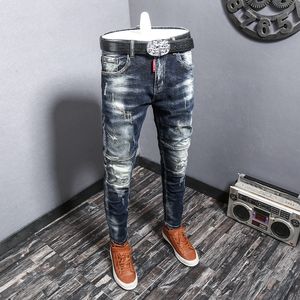 Mäns jeans mode streetwear rippade jeans män retro blå elastisk smal fit cyklist jeans homme broderi designer hip hop denim byxor hombre 230524