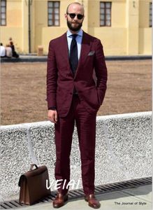 Abiti da uomo Tailored Made Abito da uomo in lino rosa bordeaux Slim Fit 2 pezzi Giacca da smoking da sposo Matrimonio Terno Masculino Giacca Pantalone