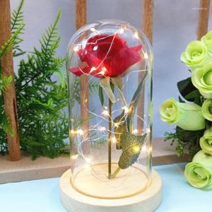 Decorative Flowers Artificial Real Touch Rose Glass Cover Lamp Gold Leaf Flower Eternal Light Christmas Party Valentine's Day Gift