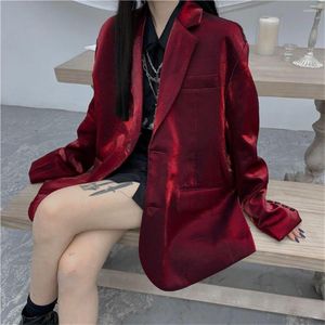 Kvinnors kostymer 2023 Autumn Bourgogne Bright Silk Blazers Kvinnliga stilfull lös jacka Kvinnor hackade enskilda rockar Casual Streetwear