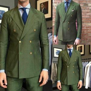 Men's Suits Summer Men's Suit 2 Pieces Lightweight Fabric Business Olive Green Double Breasted Jacket Pants Linen Pantsuits Customize