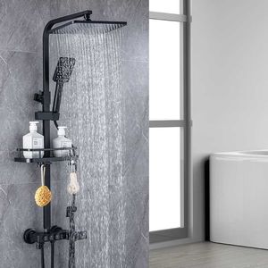 욕실 샤워 세트에서 배송 룸 샤워 시스템 구리 블랙 버튼 온도 조절 샤워 세트 4 단압 핸드 헬드 레인 샤워 G230525