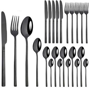 Set di stoviglie JANKNG 24 pezzi Set di posate in acciaio inossidabile Coltello Forchetta Cucchiaio Posate nere Specchio da tavola Posate per la cena