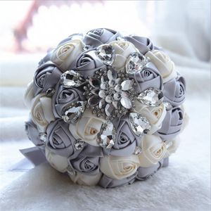 Dekorativa blommor 1 stycke elegant anpassad elfenben brud brud bröllop buketter fantastiska pärlor pärlor kristall brosch stitch