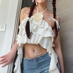 Women's Tanks 2023 Spring Summer Collection Sleeveless Lace Up Halter Ruffles Applique Sexy Camisole Women Tank Top GH356