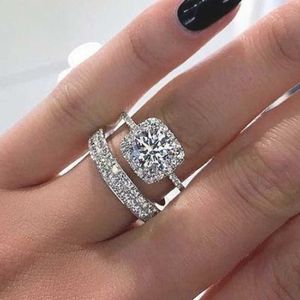 バンドリングHuitan Fashion Bridal Sets Rings for Women Bling Cubic Zirconia Luxury Silver Color Wedding Rings Modern Design Jewelry AA230524