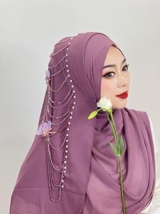 Roupas étnicas Muslim com miçanga de miçanga hijab cor de cor sólida Flores árabes Mulheres árabes brilhantes fácil de usar lenço de cabeça turco