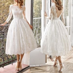 Bateau Lace V-Back Ball Dontrics Dresses Beach-Length 3/4 Long Sleeve Bride Bride