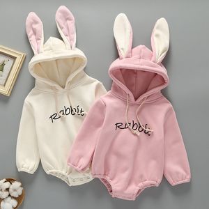 Rompers Autumn Winter born Infant Baby Romper Girls Boys Rabbits Ears Hooded Add Wool Upset Jumpsuit Clothes 230525