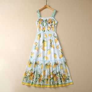 2023 Summer Multicolor Lemon Print Beaded Cotton Dress Spaghetti Strap Square Neck Sequins Midi Casual Dresses S3W220518