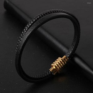 Strand Simple Design Men Women Black Genuine Leather Bracelet Braided Strap Stainless Steel Magnet Buckle Brazalete Hombre