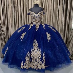 Princess Quinceanera Dresses Navy Blue Sequined Tulle Off The Shoulder Ball Gown Formal Prom Party Dress For Sweet 15 Girls Gold Lace Appliques Special Occasion Wear