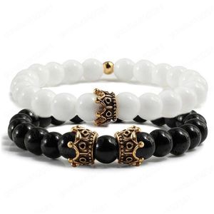 Beaded 2Pcs/Set Natural Tiger Eye Stone Couple Bracelets Strands Women Charm Metal Crown Black Bracelet Bangles For Men Drop Deliver Dhjfi