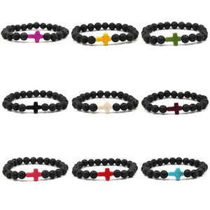 Pulseiras de rocha de lava de miçangas Bracelets Natural Stone Cross Cruz 9 Cores Mens Womens Drop Delivery Jóias DH7GY