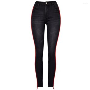 Kvinnors jeans kvinnor hög midja stretch mager blyerts denim byxor capri sida randiga lapptäcke byxor elastiska pojkvän xs svart 2023