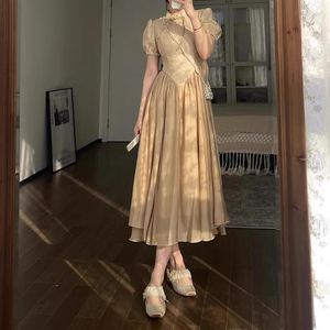 Ethnische Kleidung Gelber chinesischer Stil Sanftes und elegantes langes Kleid Trend 2023 Französischer Sommer Kurzarm Vintage Qipao Stehkragen Japanisch