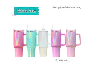 USA Warehouse 40oz sublimering glitter tumbler med handtag skimmer tumlare rostfritt stål stora kapacitet öl mugg isolerad resemugg reser kaffe mugg ny