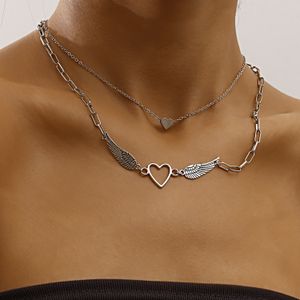 Ästhetischer Schmuck, Anhänger-Halskette, trendiger, cooler Wind, Punk, doppelte Bambuskette, hohle Liebesengelsflügel-Anhänger-Halskette, Frau, Designer-Halsketten 02