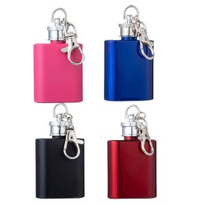 1oz 18/8 rostfritt stål minikolv med nyckelring, svart/rosa/röd/blå färg, personlig logotyp tillgänglig