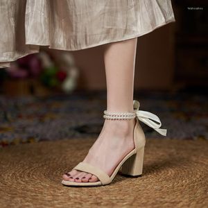 Block Strap Pearls Sandals Ankle Heel High Women Summer Shoes Comfortable Large Size Open Toe