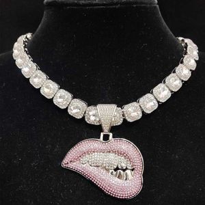 Män kvinnor hip hop bite läpp form hänge halsband med 13 mm kristallkedja isad ut bling hiphop halsband mode charm smycken