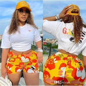 Women Tracksuits Two Pieces Set Designer 2023 White Short Sleeve Crop Top T-shirt And Printed Shorts Casual Sportwear