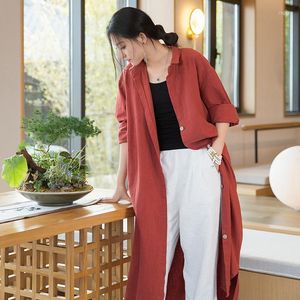 Women's Blouses Ramie Women Shirt Solid Color 2023 Summer Autumn Long Cardigan Loose Thin Fashion Casual Lady Coat YoYiKamomo