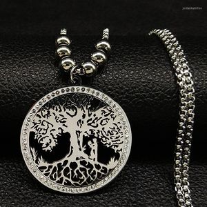 Pendant Necklaces Couple Tree Of Life Stainless Steel Crystal Charm Necklace Women Silver Color Long Bead Jewelry Collares Mujer N22S07