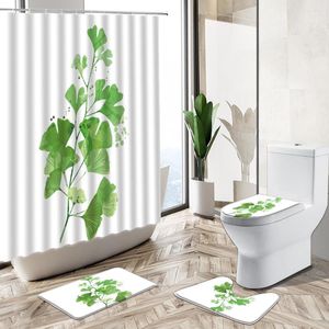 Shower Curtains Green Plant Leaf Potted Curtain White Background Nordic Style Bathroom Decor Non-Slip Rug Toilet Lid Cover Bath Mat Set