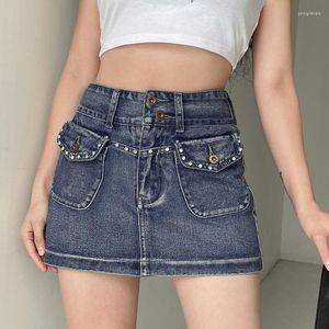 Röcke Blau Vintage Hohe Taille Slim Nailed Diamond Denim Kurzer Rock Weibliches Würziges Mädchen Fit A-Linie Halb