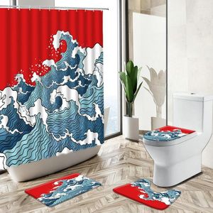 Dusch gardiner japansk stil gardin tecknad blå havsvåg design hem non-halp piedestal matta toalett täcker barn rum badrum deco set