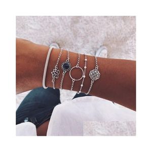 Charm Bracelets 6Pcs/Set Vintage Simple Sier Color Lotus Bracelet For Women Flower Chain Beaded Bangles Sets Boho Jewelry Drop Delive Dhud6