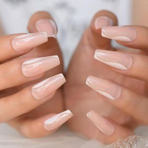 False Nails Medium Long Press On Nude Coffin Shape French Nail Tips With Glitter Decorative Shiny Gel Manicure Tip 24 NOV