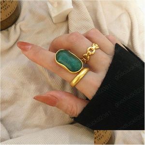Solitaire Ring Vintage Geometric Oval Hollow Emerald Golden Metal Chain Opening Adjustable Rings For Women Girls Jewelry Drop Deliver Dhayr