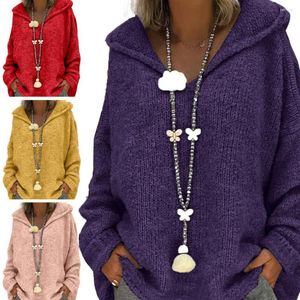 Women's Sweaters Autumn Winter 2023 Casual Solid Color Hoodeies Top Loose Knitted Sweater Hooded Pullover Sweatshirt All Match