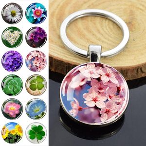 Keychains Esspoc Lucky Flower Key Chain Double Side Glass Cabochon Keyholder For Women Girls Halloween Christmas Gifts Jewelry