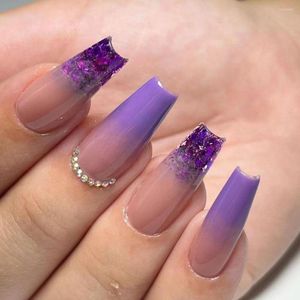 False unhas 24pcs Dicas de unhas Pressione Pressione em Purple Gradiente Falso Purple Glitter Ballerina Long French