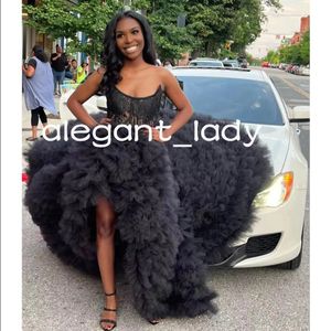 Black Fluffy Prom Dresses Strapless Beads High Split Ruffles clound aso ebi lace-up corset Celebrity red carpet Evening Dress