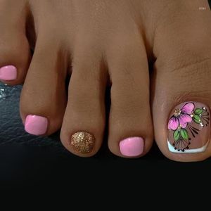 偽の爪24pcsピンクフラワープリント偽の足の爪夏のビーチ女の子の女性アクリル足のネイルチップフルカバーウェアラブル