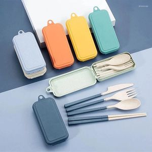 Dinnerware Sets 4PCS Cutlery Set Wheat Straw Foldable Spoon Fork Knife Chopstick Lunch Tableware With Box Portable Travel Accessories