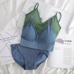 BHs Sets 2 stücke BH Set Unterwäsche Frauen Höschen Sexy G-String Nahtlose Bralette Weibliche Dessous Weiche Tank Crop Top 2023