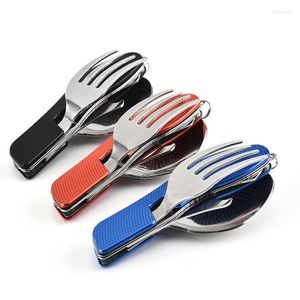 Dinnerware Sets Outdoor Stainless Steel Folding Cutlery Knife Portable Fork Spoon Multifunction Camping Picnic Traveling Table