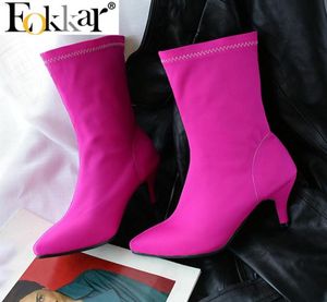 Eokkar Pink Kitten Heel Stretch Ankle Boots for Women Pointed Toe Elastic Booties Royal Blue Women Shoes Low Heel Boot2207183450496