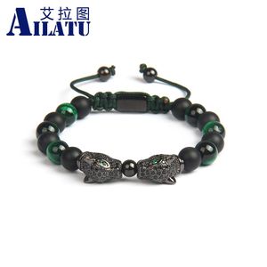 Bracelets Ailatu New Double CzLeopard Bracelets Wholesale 8mm Natural Matte Onyx Green Tiger Eye Stone Men's Panther Macrame Jewelry